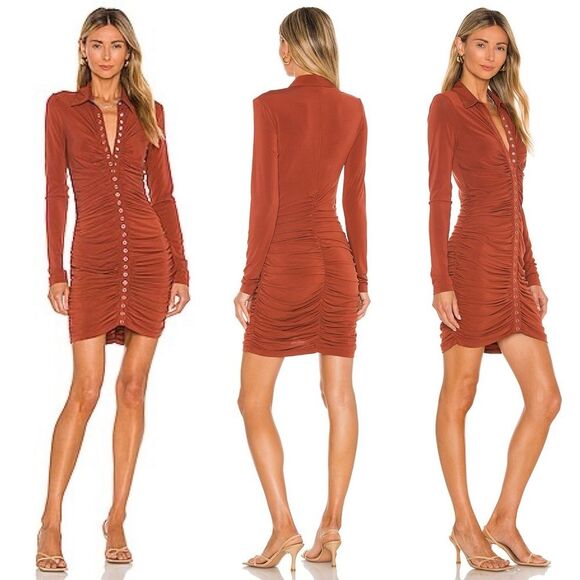 A.L.C. Larsen Rust Long Sleeve Ruched Dress L ASOTV - Picture 1 of 12